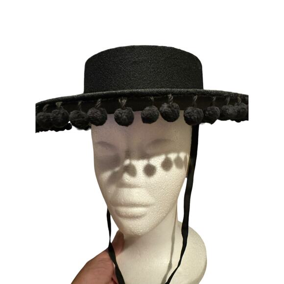 Vintage Black Cordobes, flamenco, Equestrian Hat with wide brim and pom poms - Picture 7 of 12